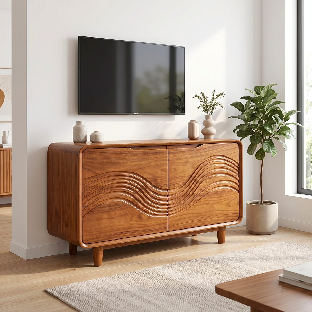 Solid Wood Two Door Sideboard with Wave Relief FrontSolid Wood Two Door Sideboard with Wave Relief Front