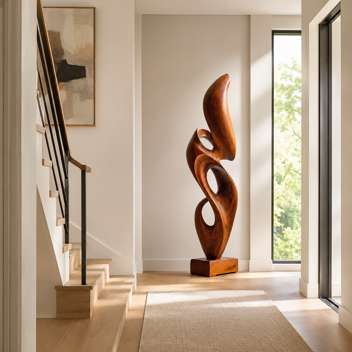Handcrafted Solid Wood Rising Flame Sculpture with Open Ribbon Form