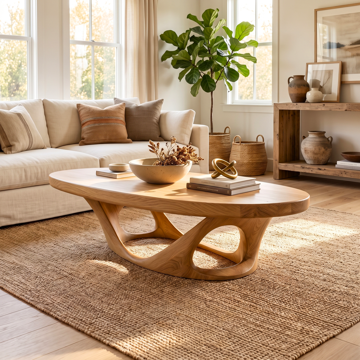 Coffee Table Solid Wood with Sculptural Interwoven Loop Base