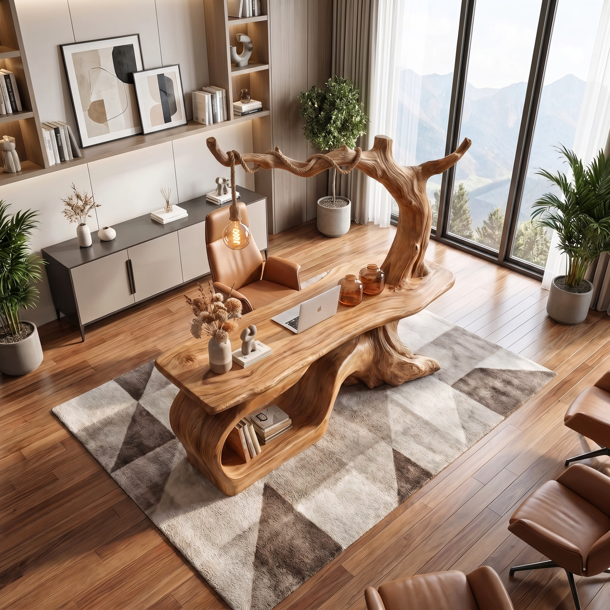 Handmade Solid Wood Tree Desk With Hanging Lamp Organic Modern Sculptural Office Table