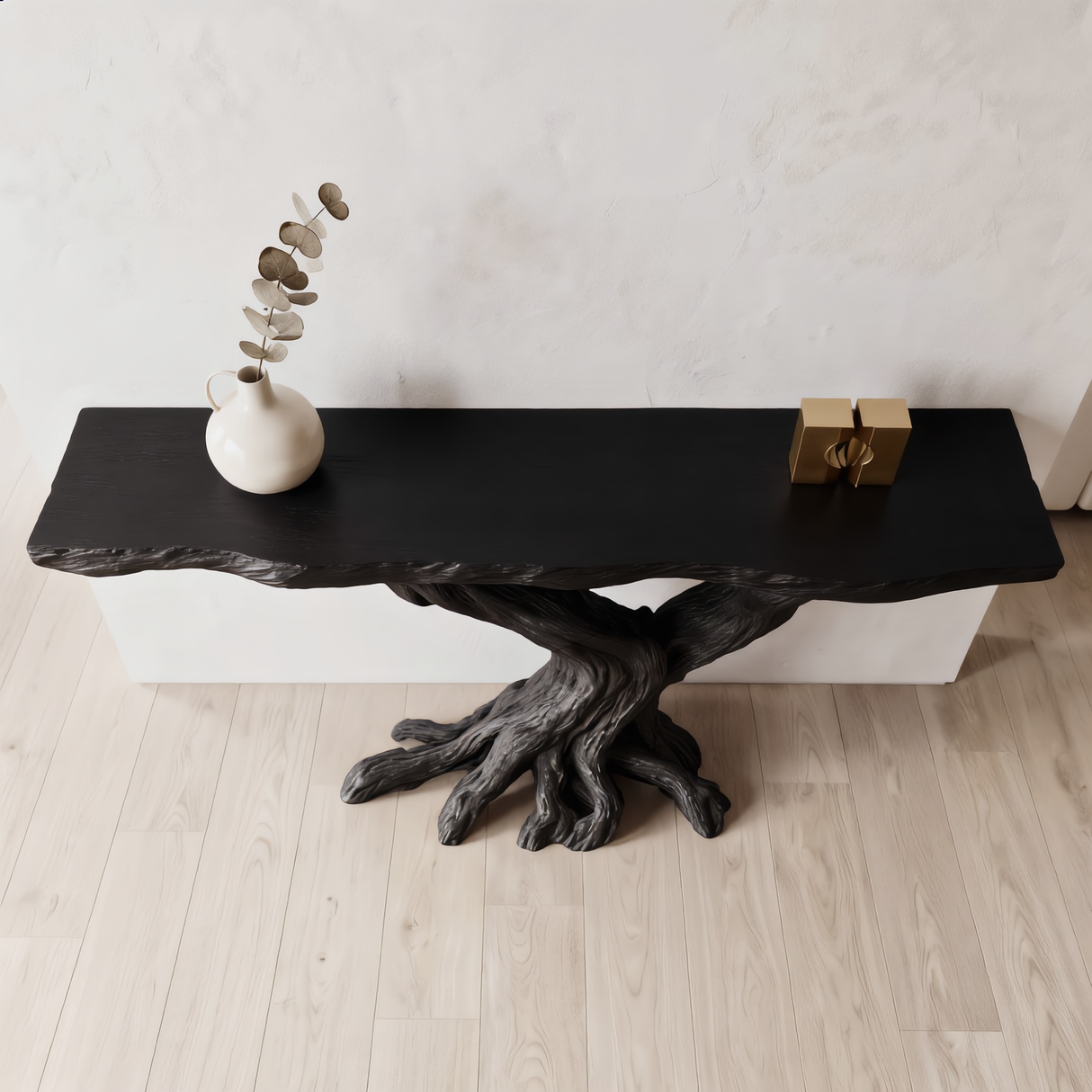 Sculptural Black Wood Console Table with Twisted Root Base
