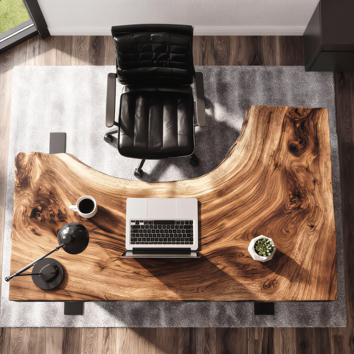 Live Edge Solid Wood Corner Desk with Sculptural Cutout Design