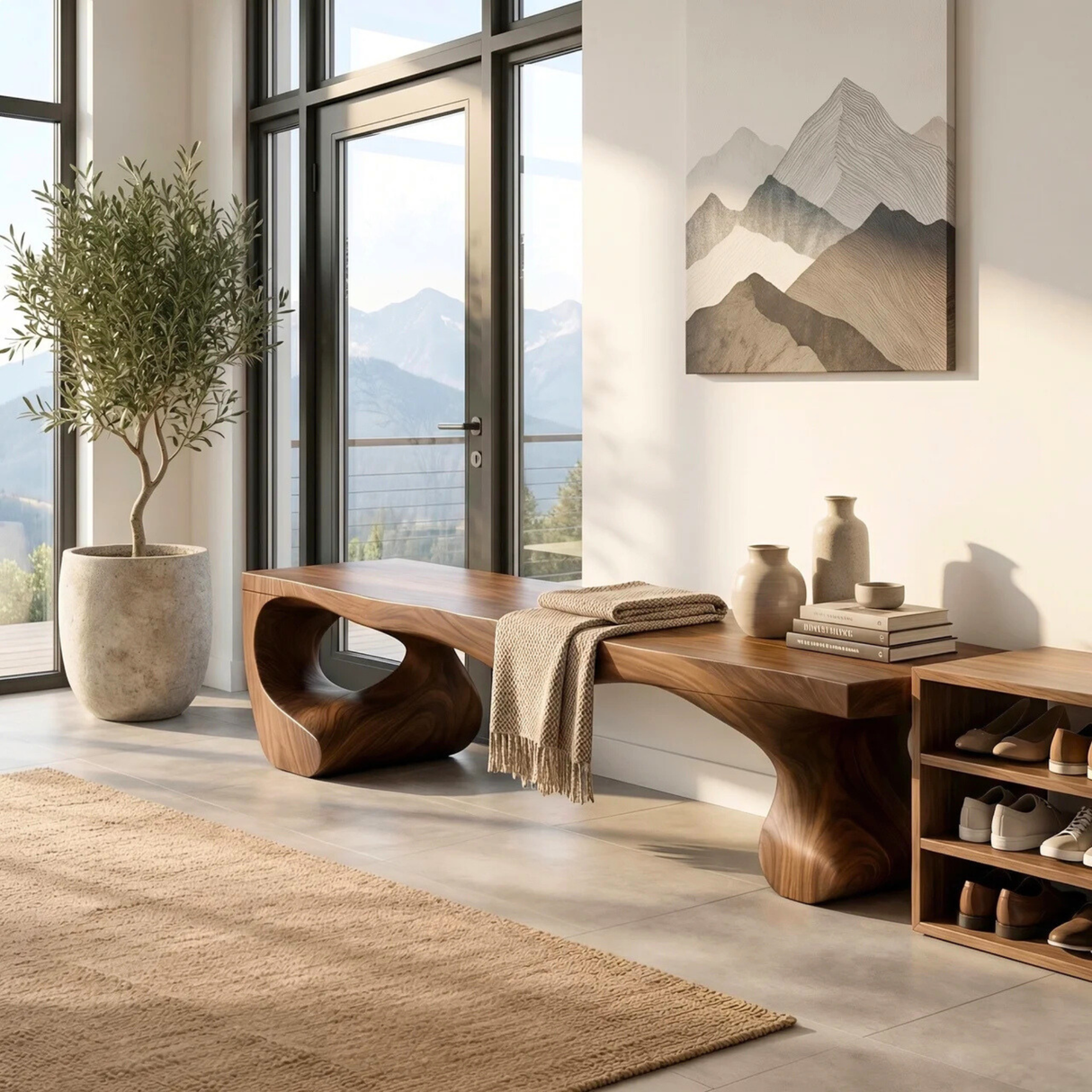 Organic Solid Wood Entryway Bench with Sculptural Open Base for Modern Mediterranean Interiors