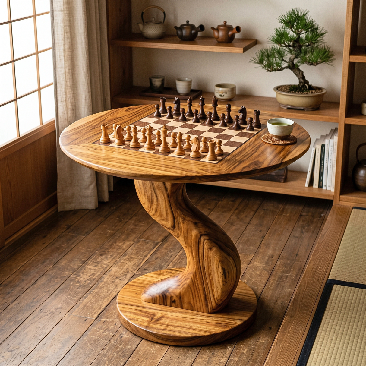 Handcrafted Round Solid Wood Chess Table with Twisted Pedestal Base
