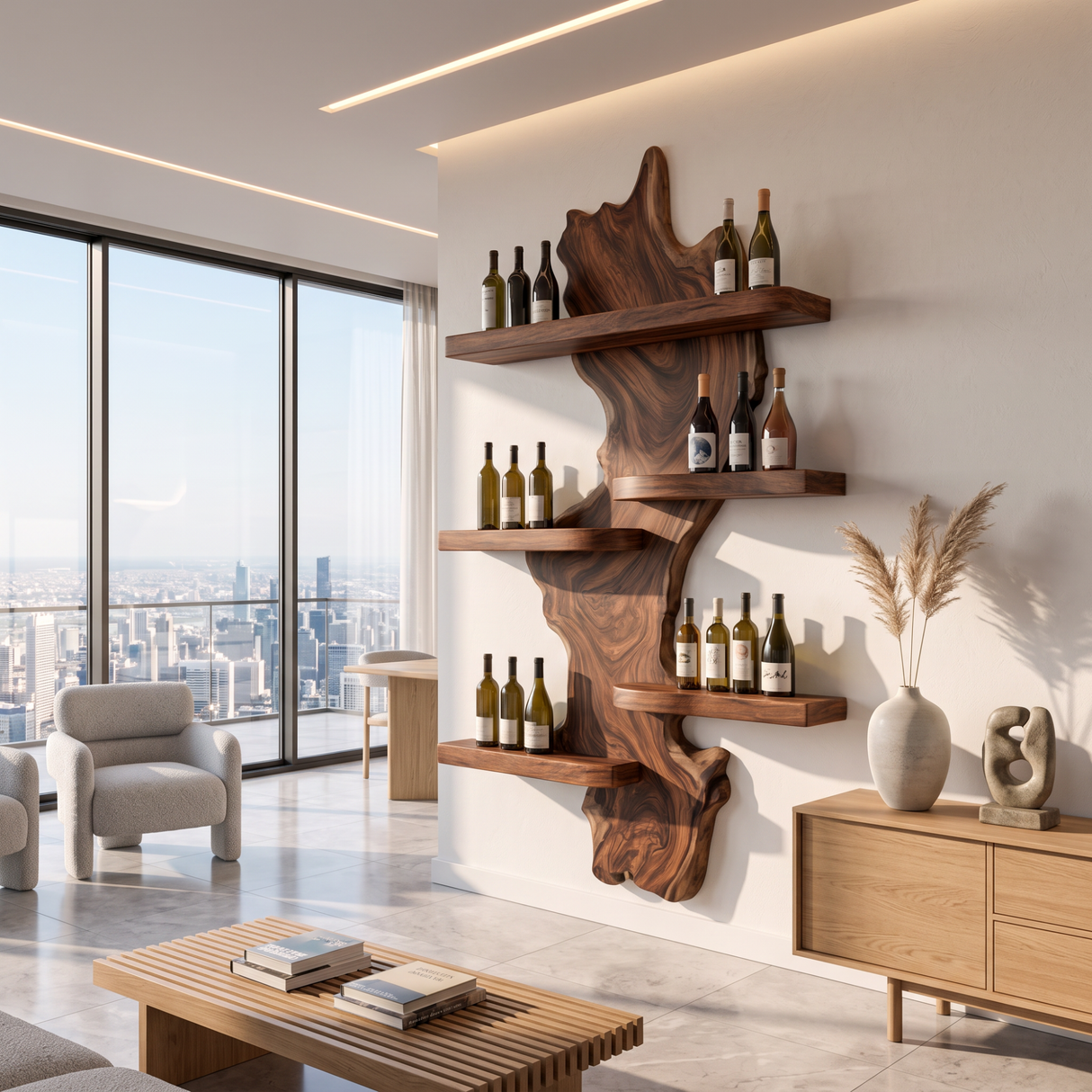 Wall Mounted Wine Rack Solid Wood with Sculptural Live Edge Center and Display Shelves