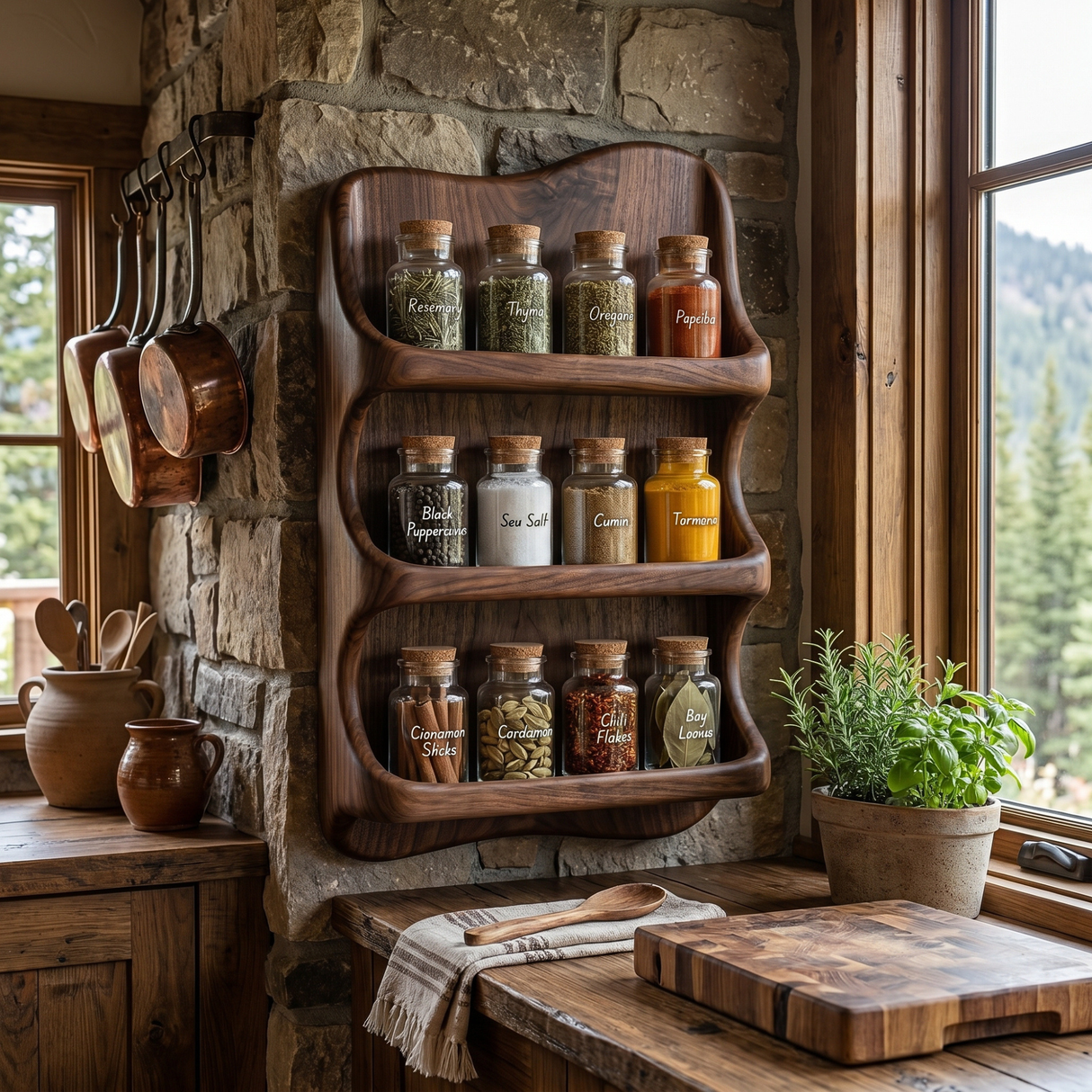 Curved Solid Wood Wall Spice Organizer with Three Open Display Tiers