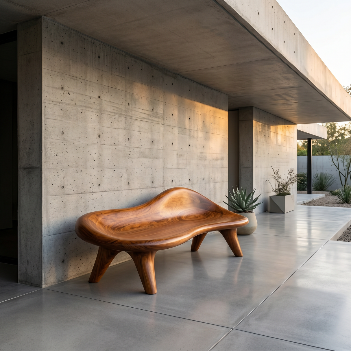 Handcrafted Organic Solid Wood Outdoor Bench with Sculptural Curved Seat