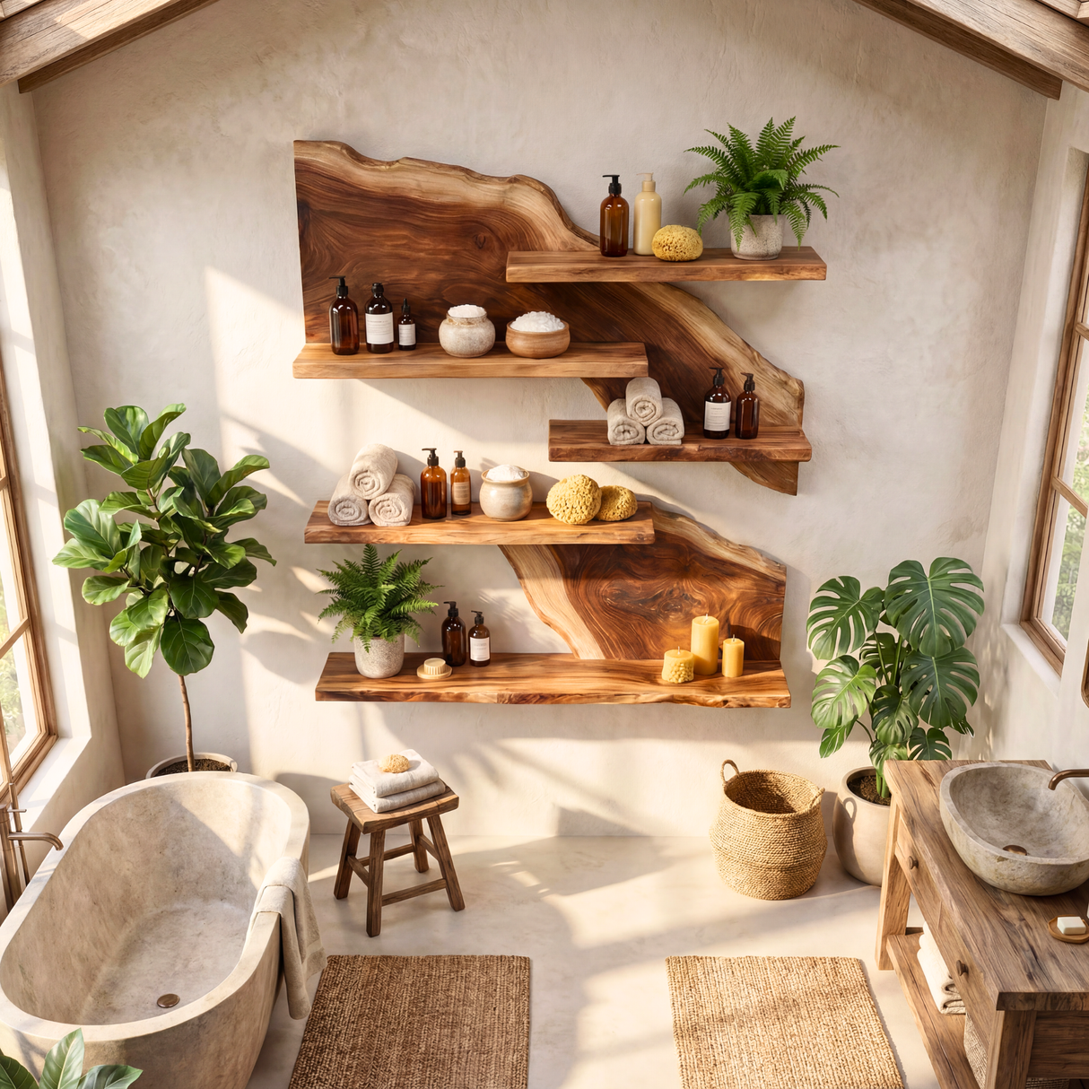 Live Edge Wooden Bathroom Shelf Handmade Floating Solid Wood Wall Storage Organizer