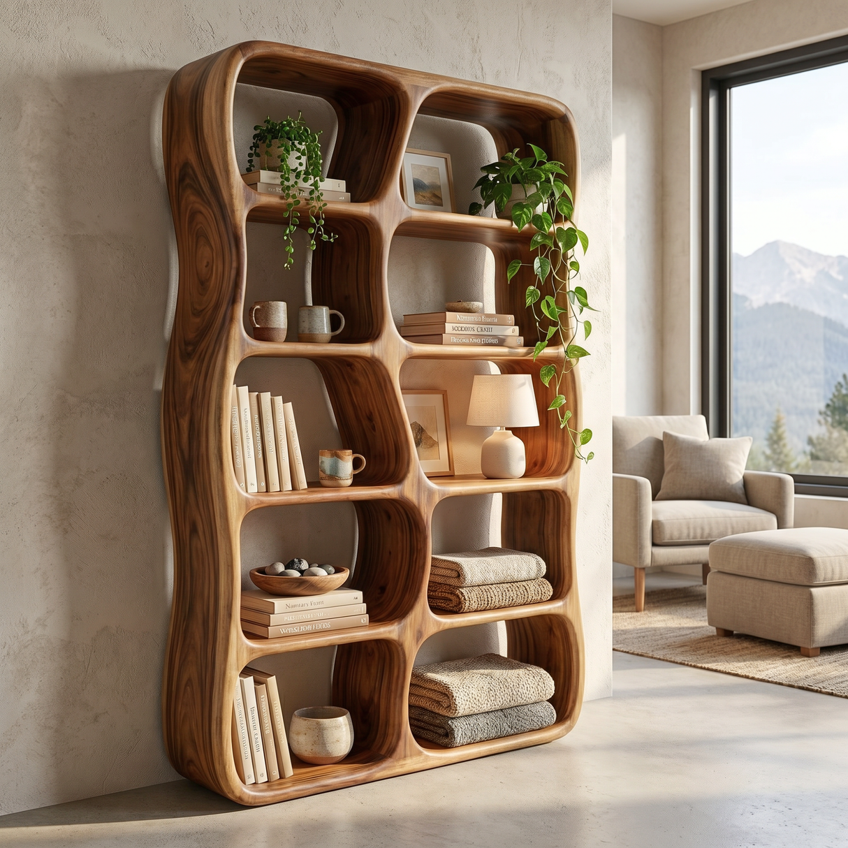Sculptural Solid Wood Bookshelf with Organic Open Niches