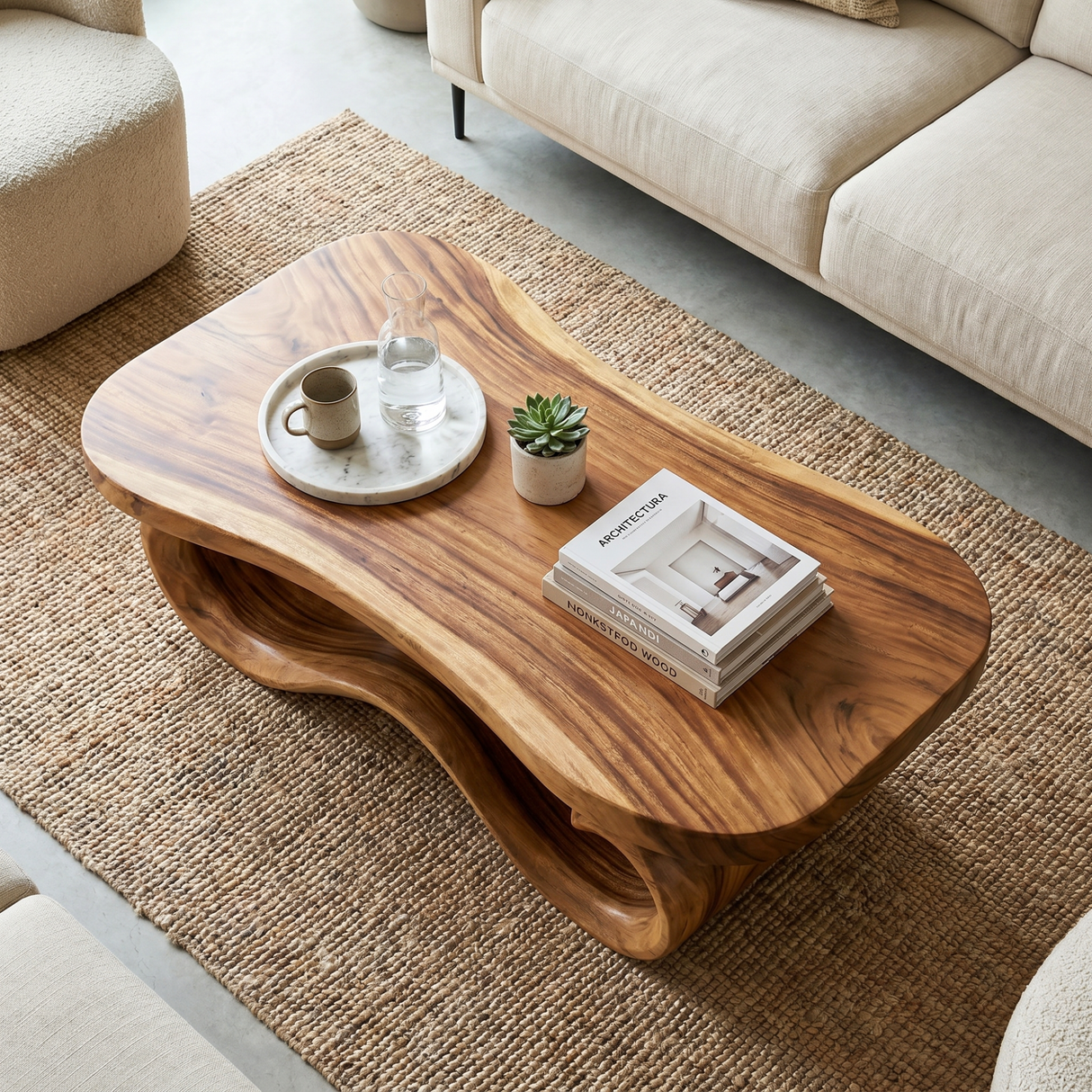 Modern Solid Wood Coffee Table with Sculptural Wave Base and Rounded Top