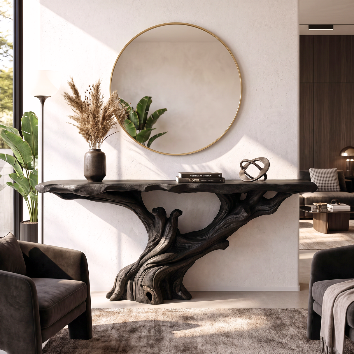 Console Table Solid Wood with Sculptural Tree Branch Base for Entryway