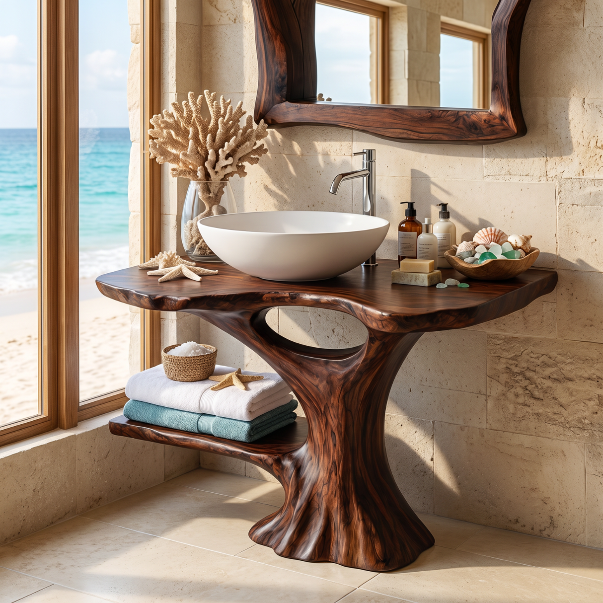 Bathroom Vanity Solid Wood with Organic Trunk Pedestal and Side Shelf for Powder Room
