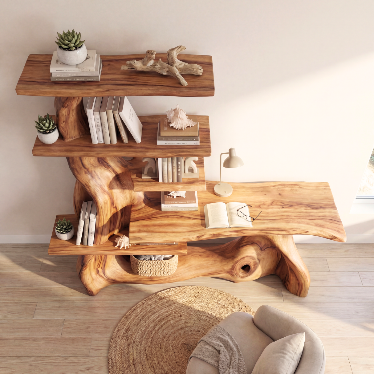 Organic Solid Wood Console Table with Shelving Sculptural Live Edge Entryway Table