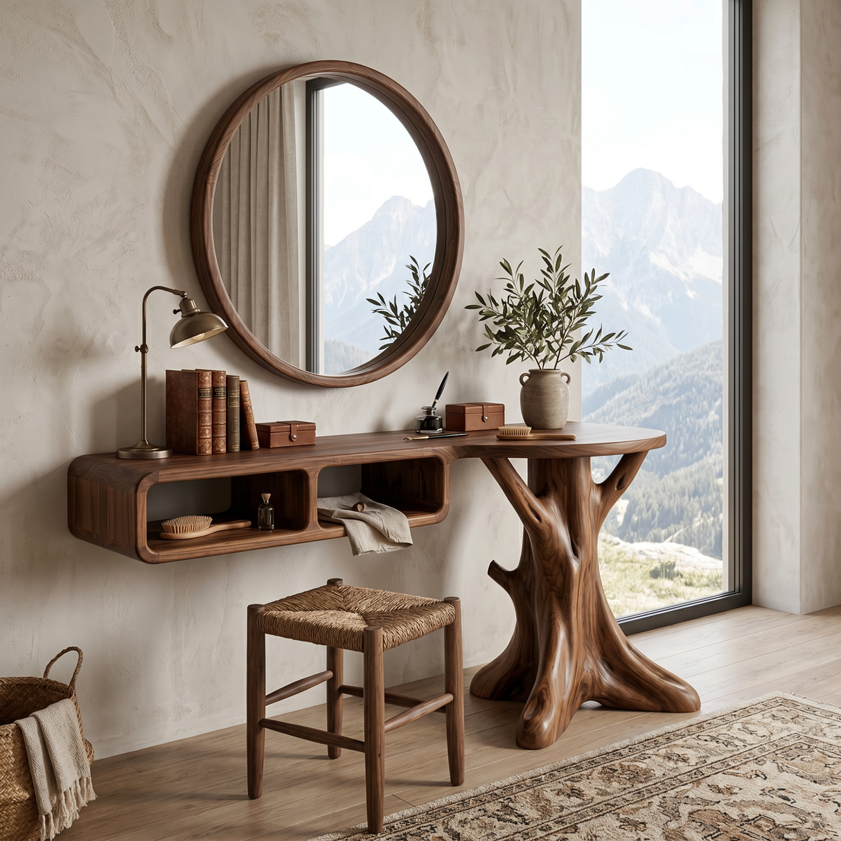 Handcrafted Solid Wood Vanity Console with Rounded Cubbies and Organic Branch Base