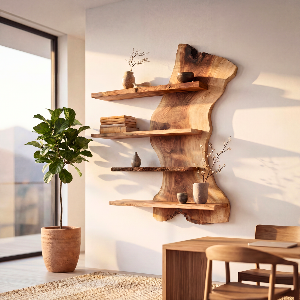 Organic Live Edge Solid Wood Wall Shelf Floating Multi Tier Display for Modern Interior