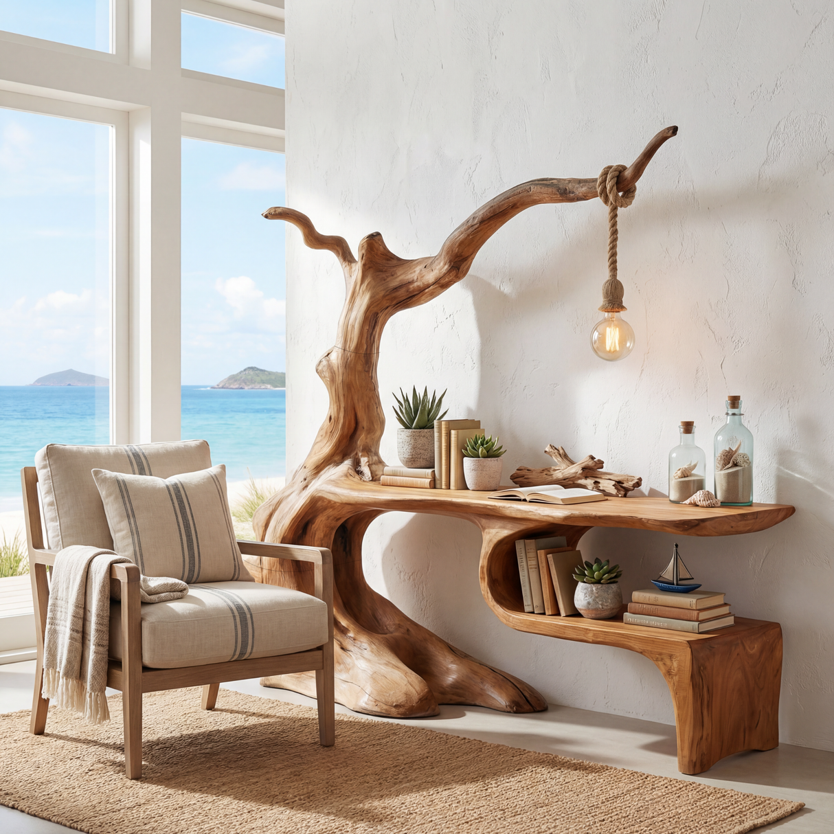 Solid Wood Organic Desk Sculptural Tree Inspired Workspace with Hanging Lamp Modern Writing Table