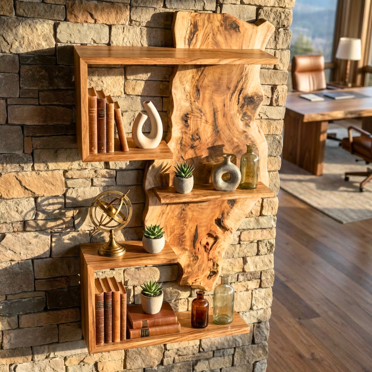 Solid Wood Live Edge Wall Shelf Sculptural Frame Multi Tier Display for Living Room