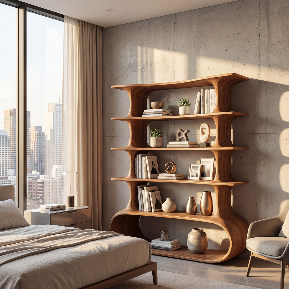 Modern Tiered Curve Wood Shelf for Books and Decorative Display