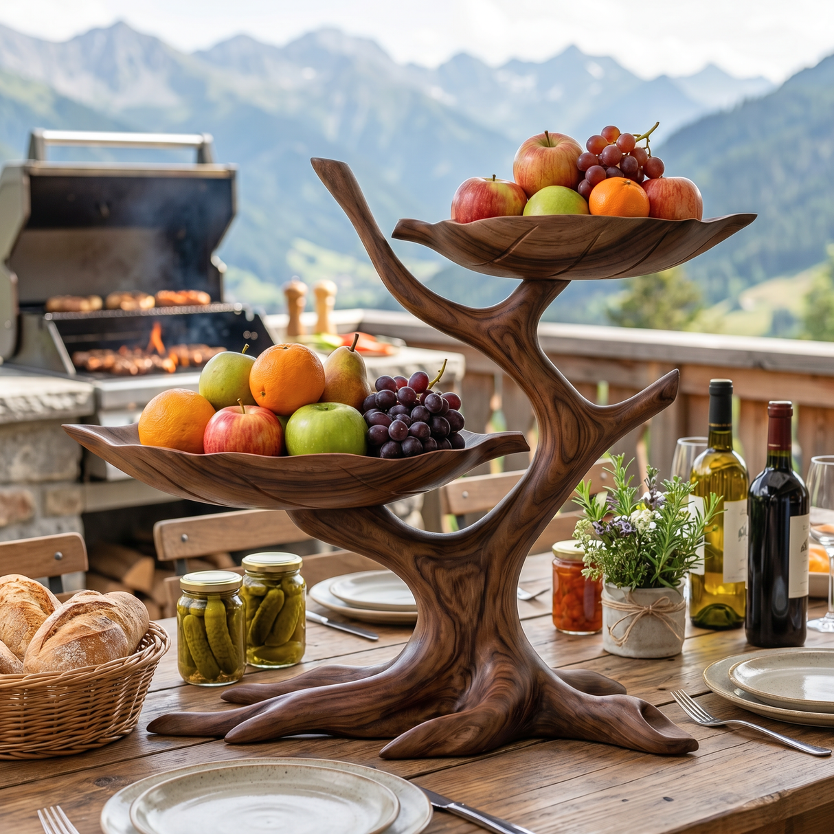 Sculptural Wood Fruit Bowl with Branch-Inspired Stand and Dual Display Bowls