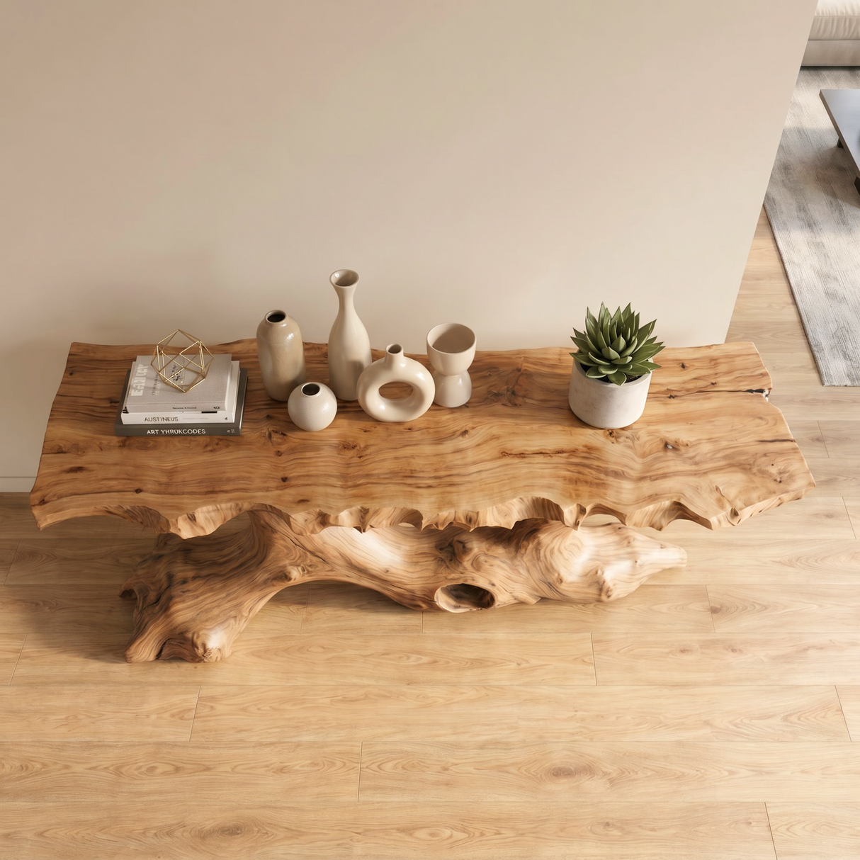 Console Table Solid Wood with Organic Tree Root Base for Entryway Decor