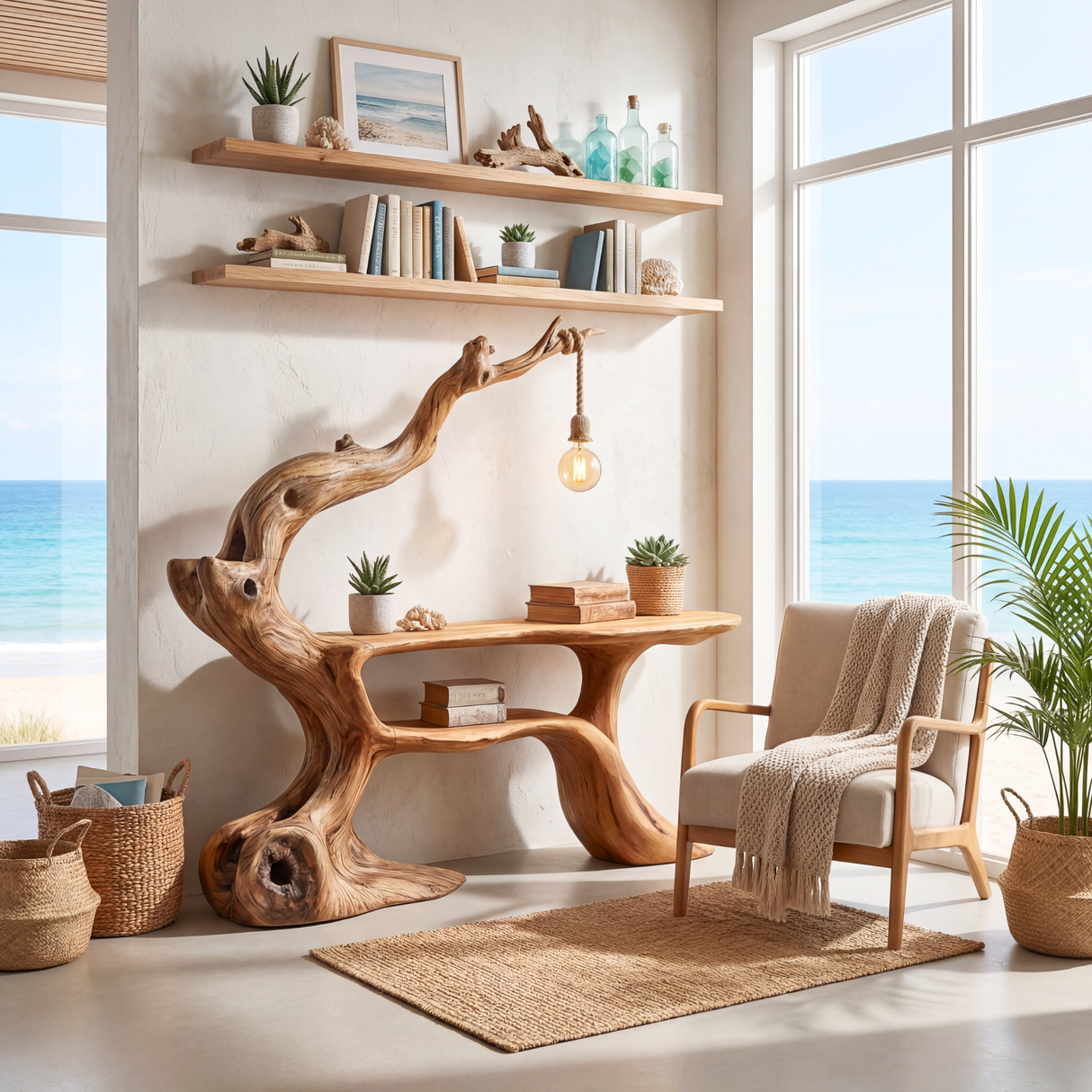 Handcrafted Sculptural Wood Desk with Hanging Light, Tree Inspired Writing Table, Artistic Statement Workspace