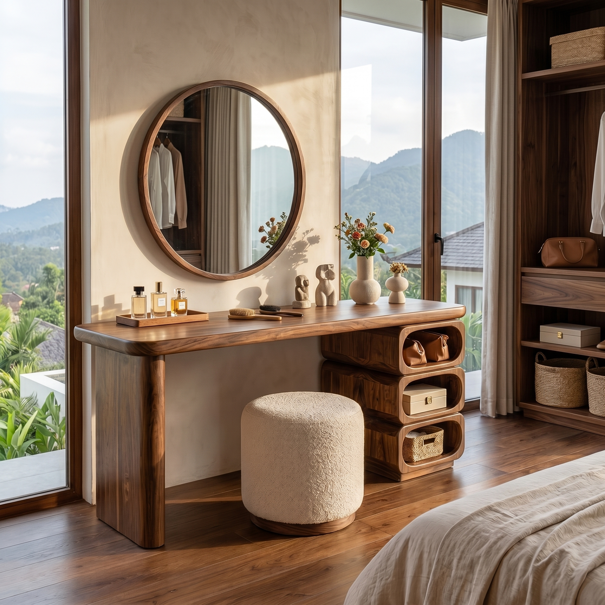 Solid Wood Vanity Table with Rounded Open Shelf Storage and Panel Leg