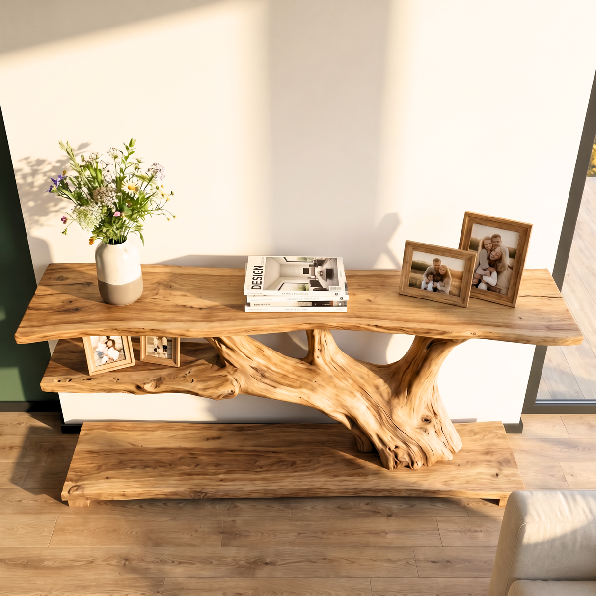 Handmade Wooden Console Shelf Tree Branch Inspired Entryway Table