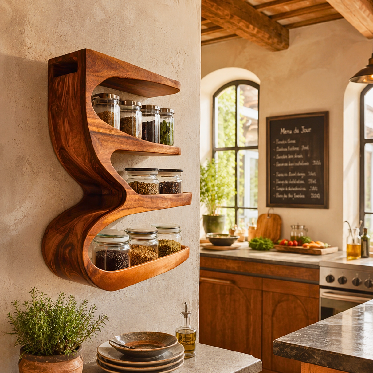 Solid Wood S Curve Wall Spice Rack with Three Open Kitchen Shelves