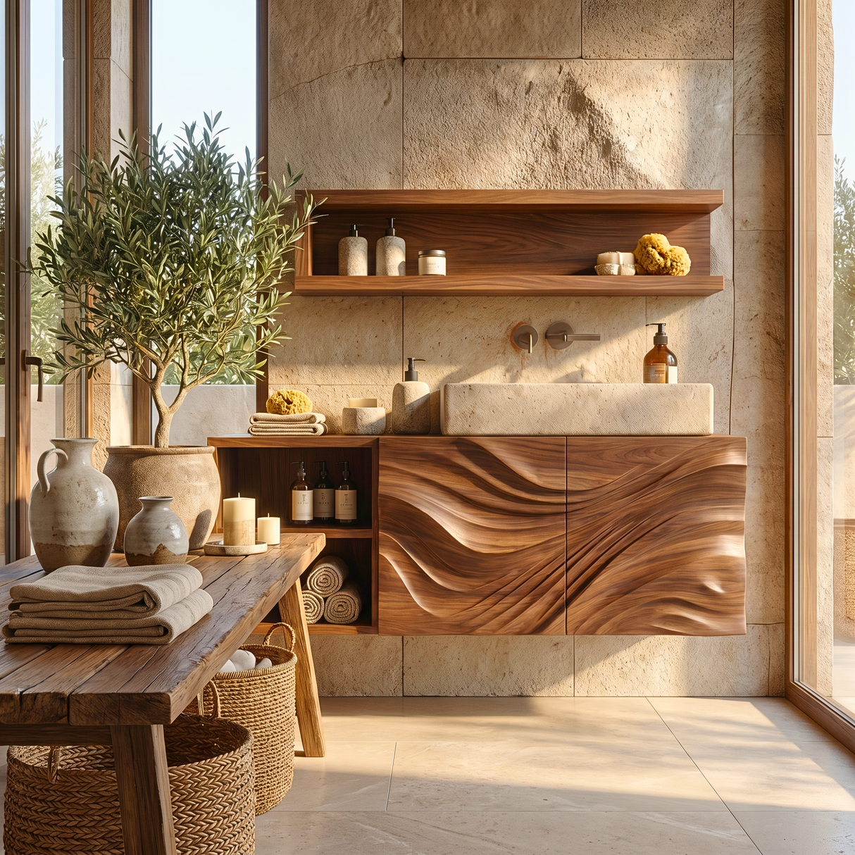 Flow Carved Solid Wood Floating Vanity Cabinet with Organic Wave Texture
