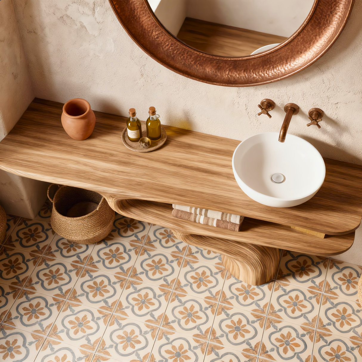 Handcrafted Solid Wood Bathroom Vanity with Sculptural Double Shelf Base