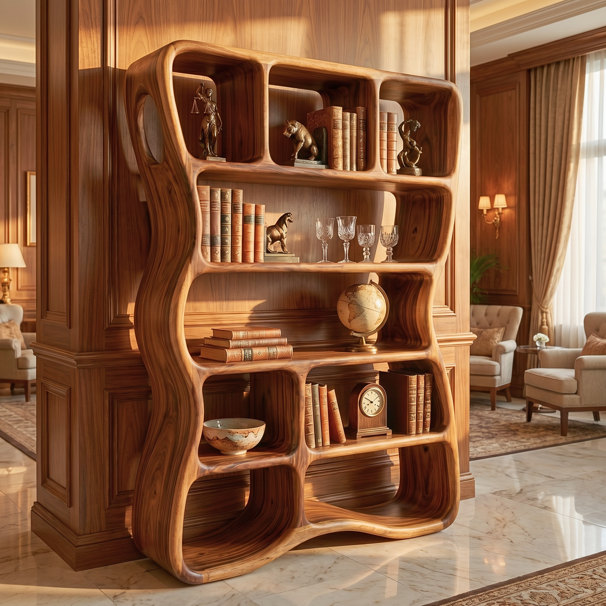 Handcrafted Solid Wood Organic Bookshelf with Rounded Open Shelves
