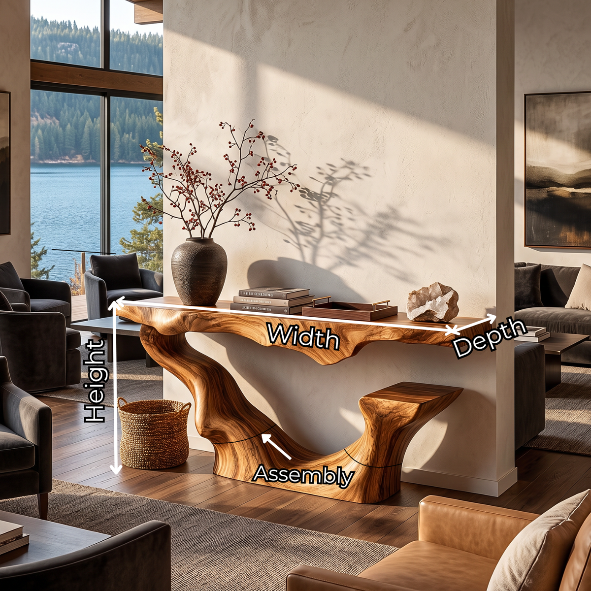 Organic Solid Wood Console Table with Sculptural Floating Curve Base