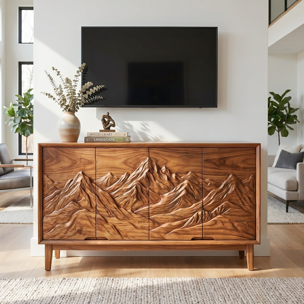 Organic Solid Wood Mountain Relief Sideboard Cabinet