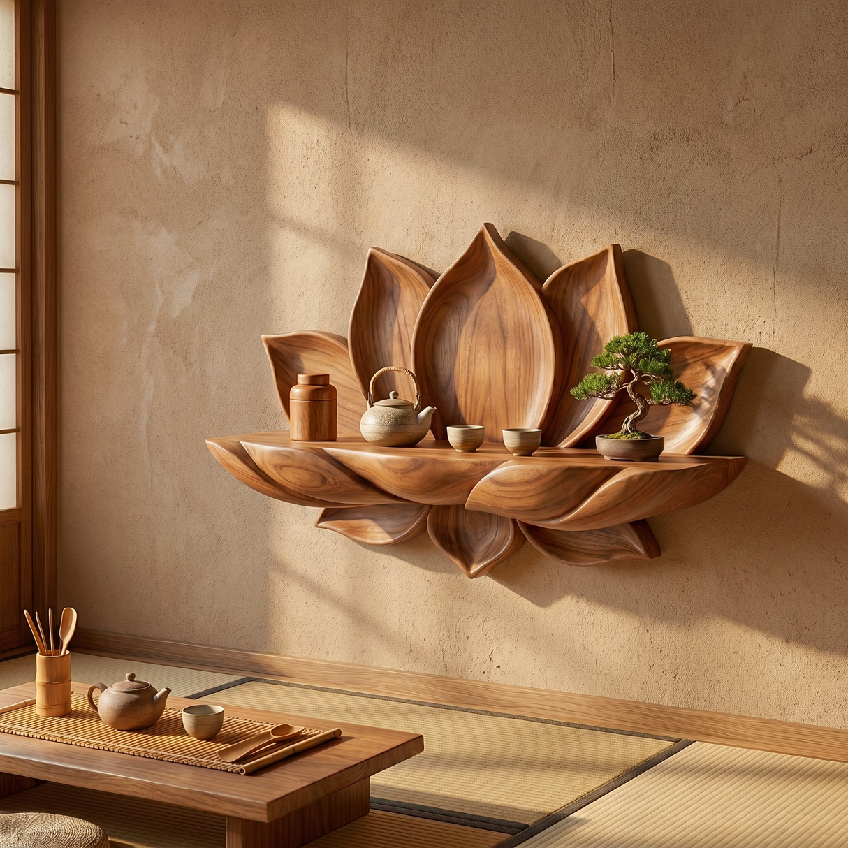 Handcrafted Natural Solid Wood Lotus Petal Wall Shelf for Decorative Display
