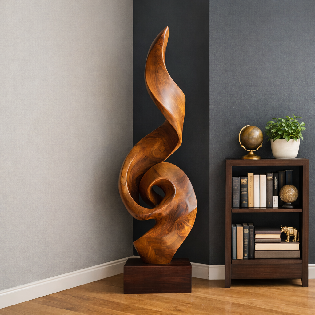 Tall Solid Wood Spiral Flame Sculpture with Plinth for Modern Interiors
