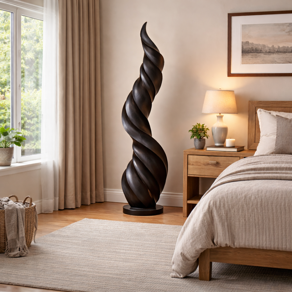 Tall Solid Wood Twisted Flame Sculpture for Entryways and Modern Spaces