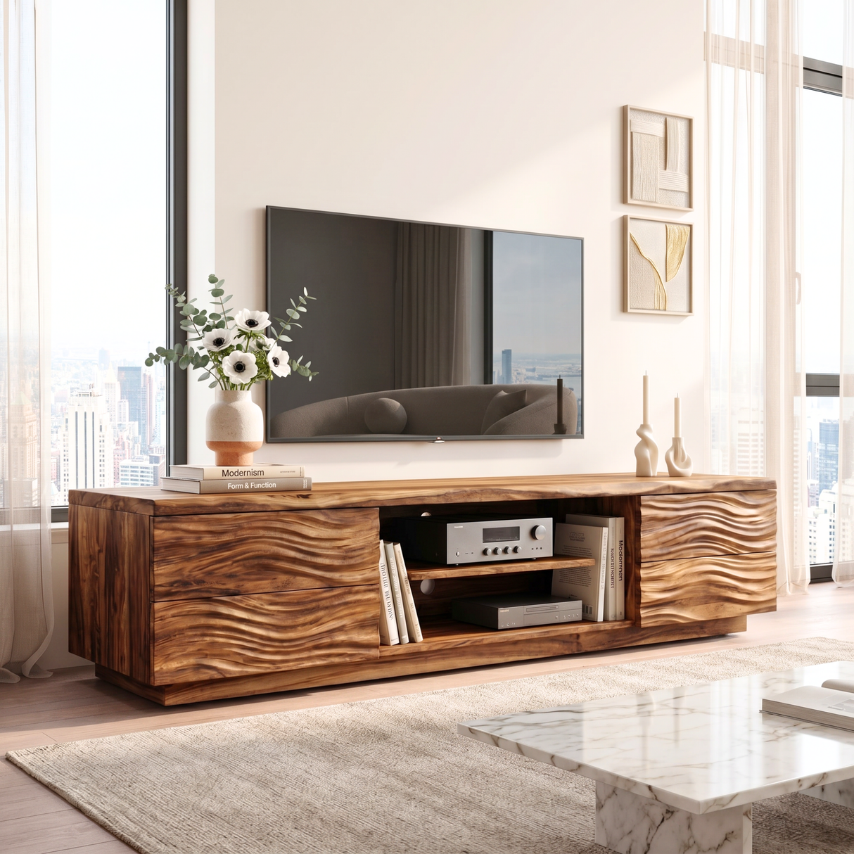 Solid Wood TV Console with Wave Carved Doors and Open Media Shelves