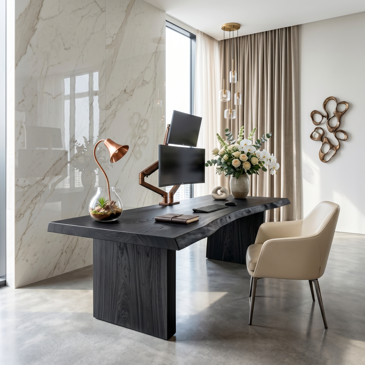 Solid Wood Executive Desk with Live Edge Top and Block Pedestal Legs