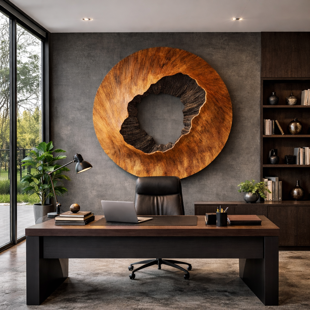 Large Round Solid Wood Wall Sculpture with Textured Center for Modern Interiors