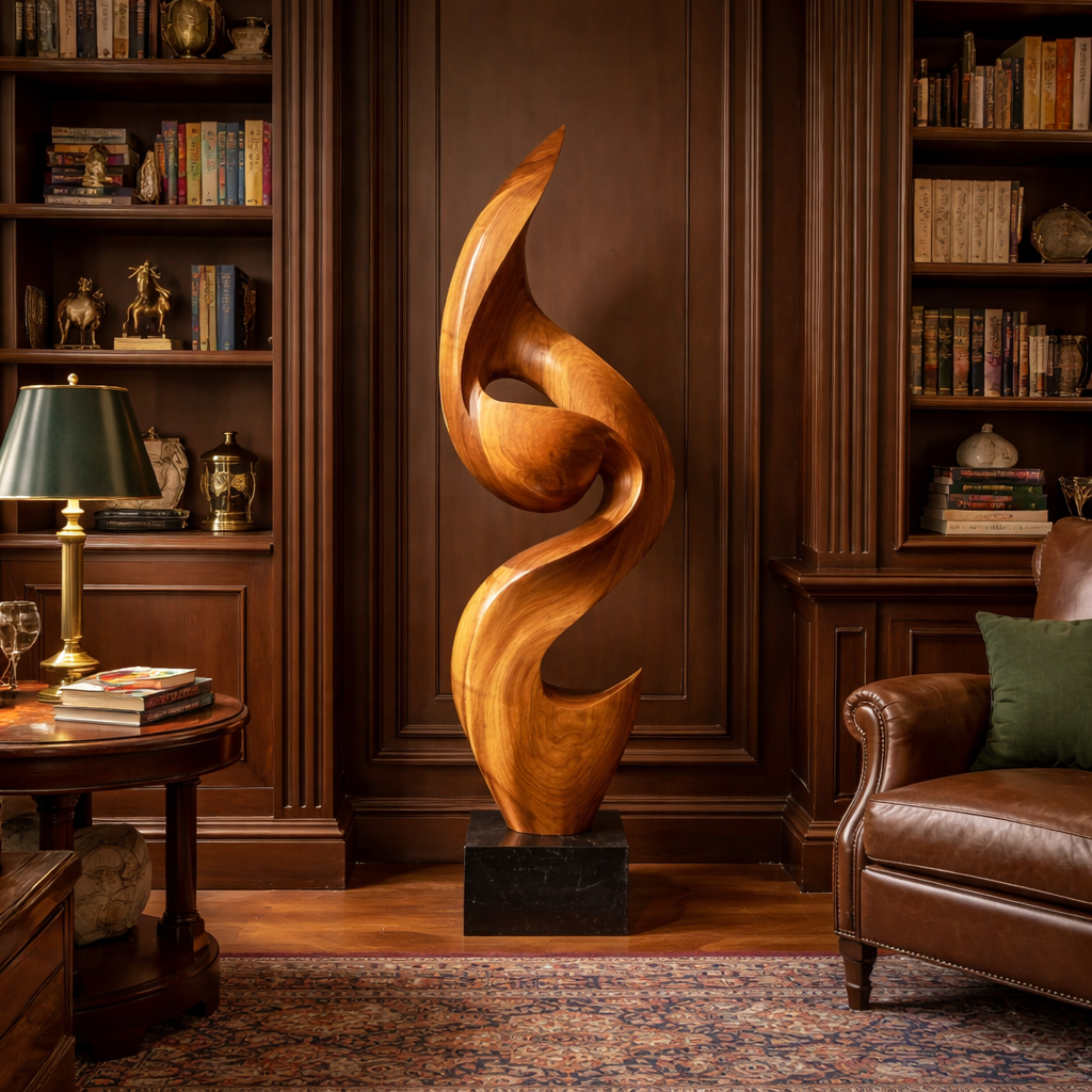 Tall Solid Wood Flowing Curve Floor Sculpture with Plinth for Modern Interiors