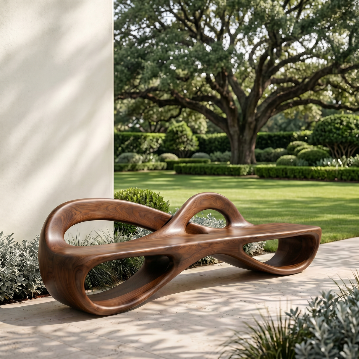 Solid Wood Garden Bench with Infinity Loop Sculptural Frame