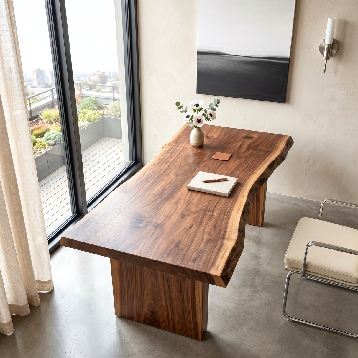 Solid Wood Executive Desk with Live Edge Top and Block Pedestal Legs