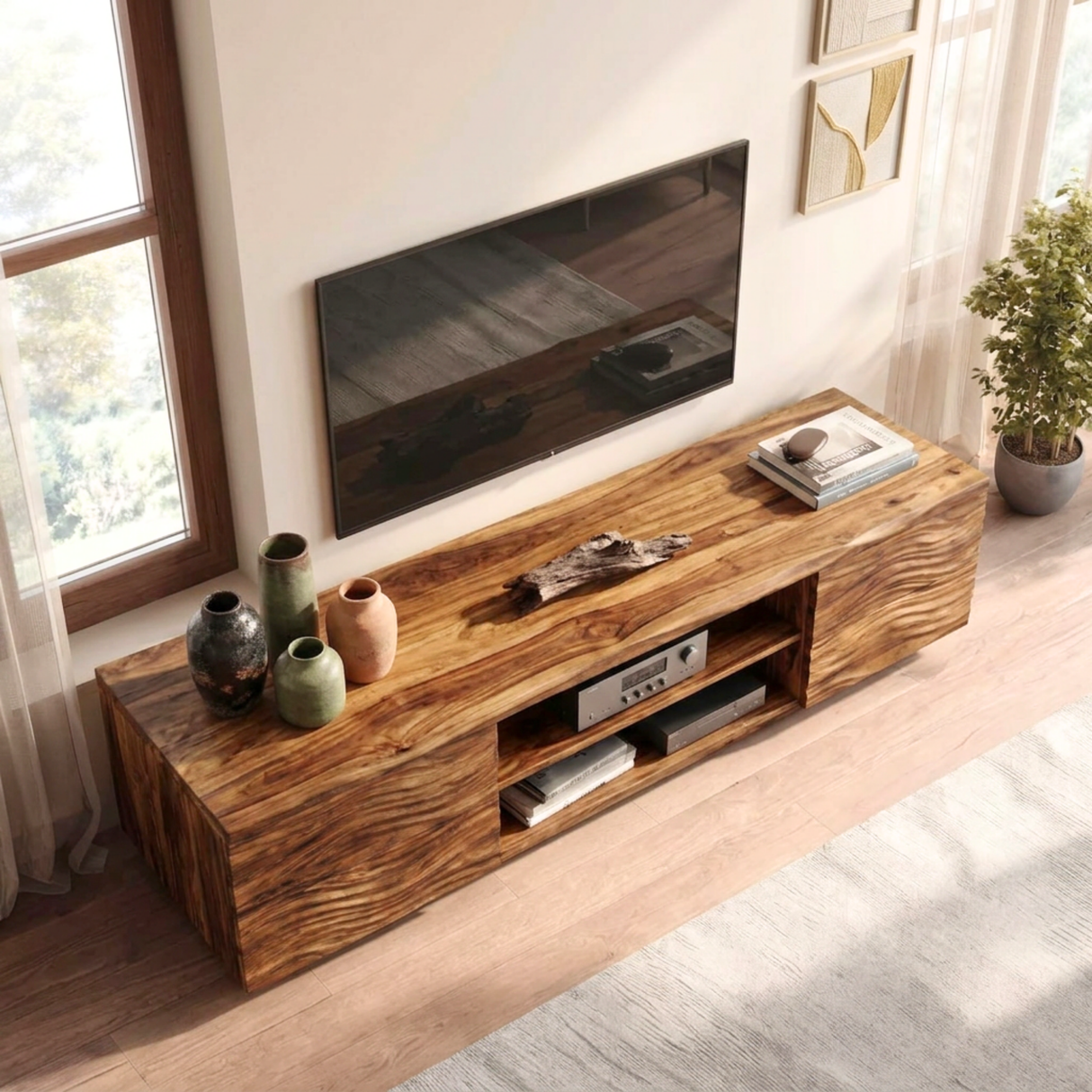 Solid Wood TV Console with Wave Carved Doors and Open Media Shelves