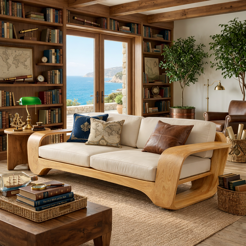 Solid Wood Sofa with Curved Loop Arms for Living Room and Lounge Space