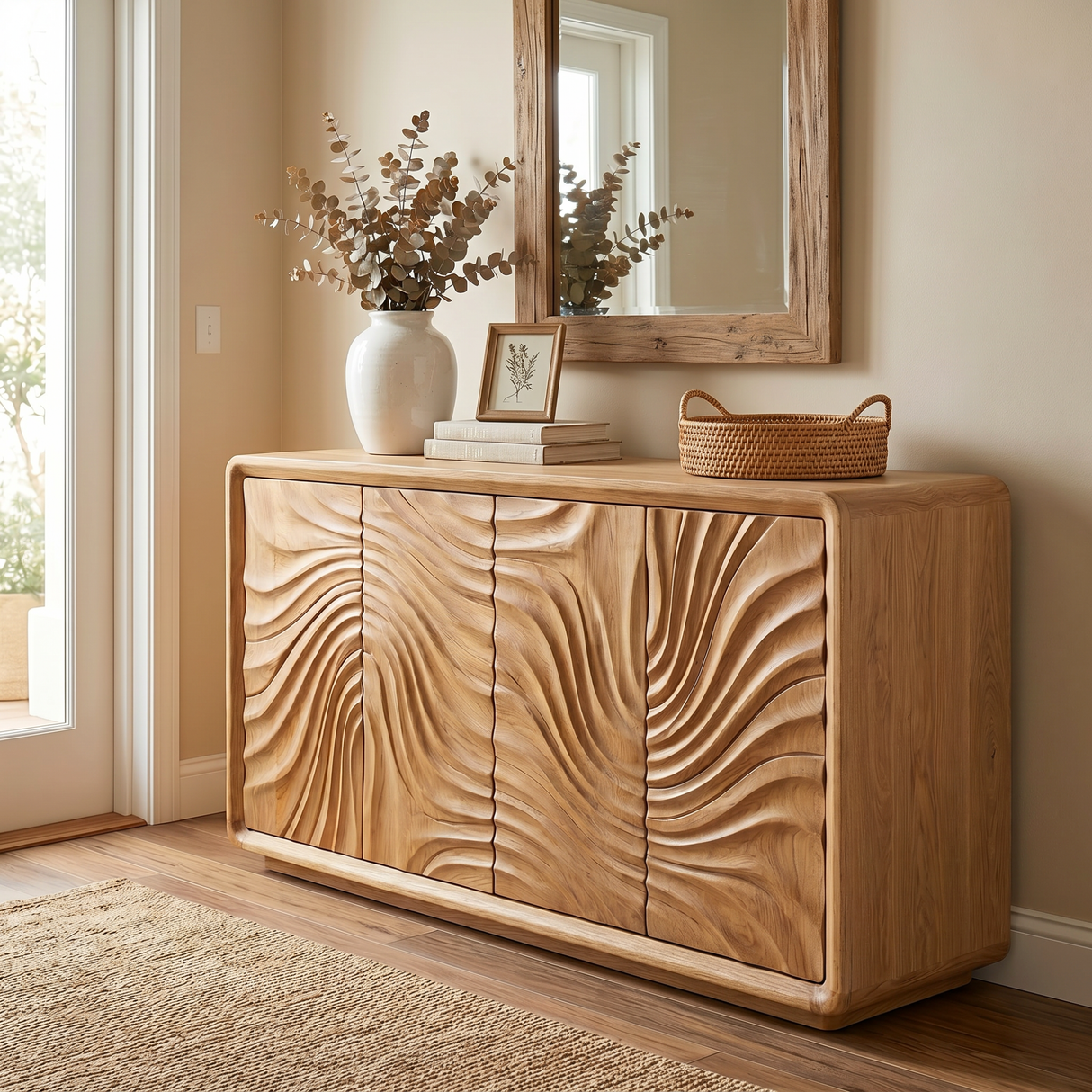 Solid Wood Sideboard Cabinet with Radiating Wave Carved Doors