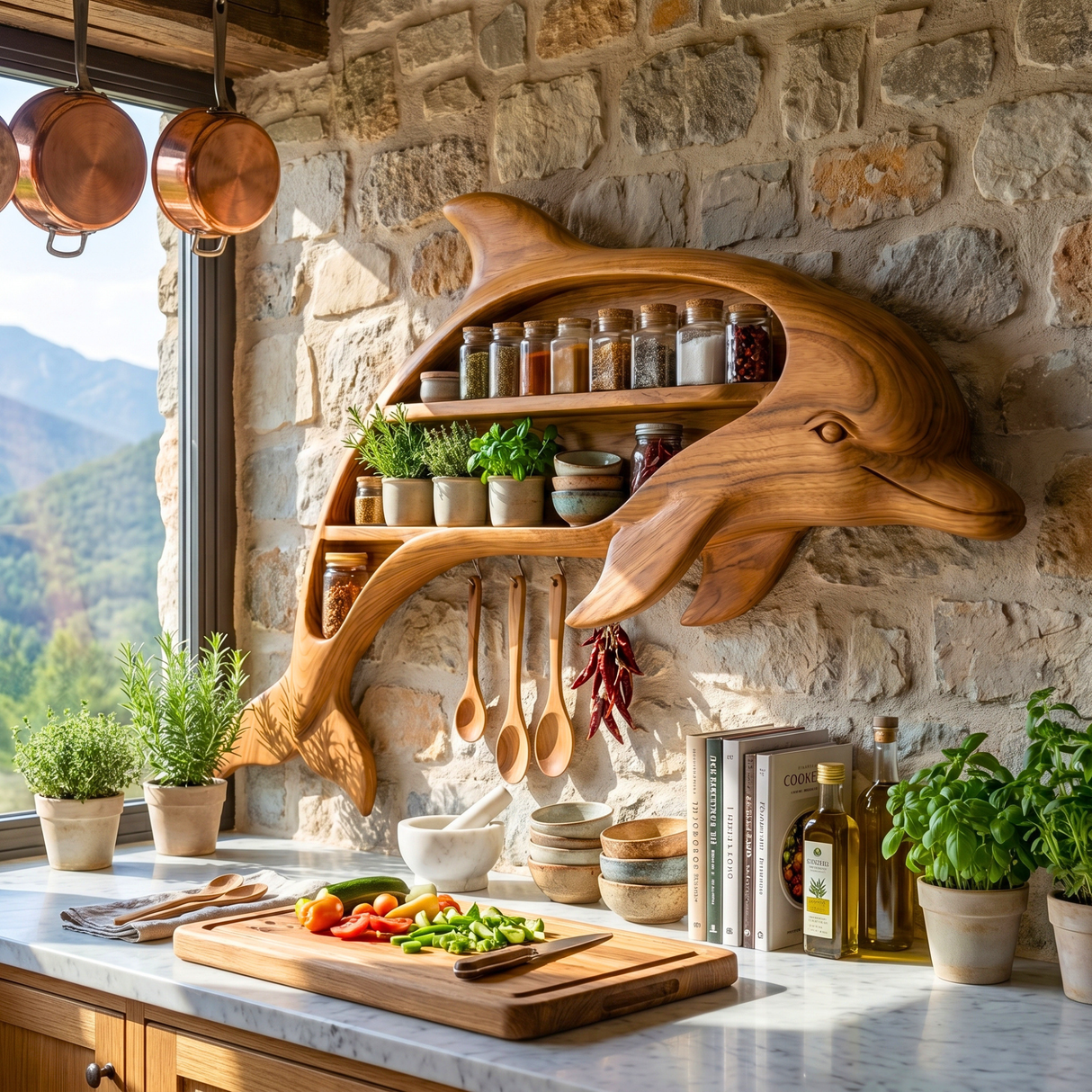 Handcrafted Dolphin-Shaped Wood Wall Spice Rack with Two Open Shelves for Kitchen