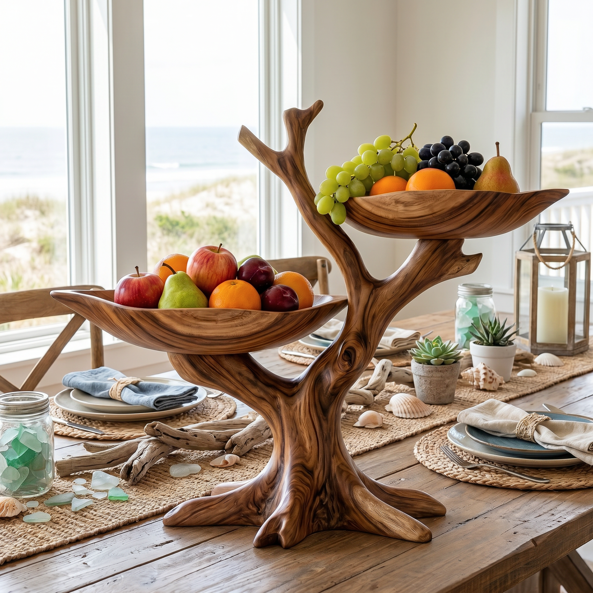 Handcrafted Branch-Form Solid Wood Fruit Bowl with Dual Raised Serving Trays