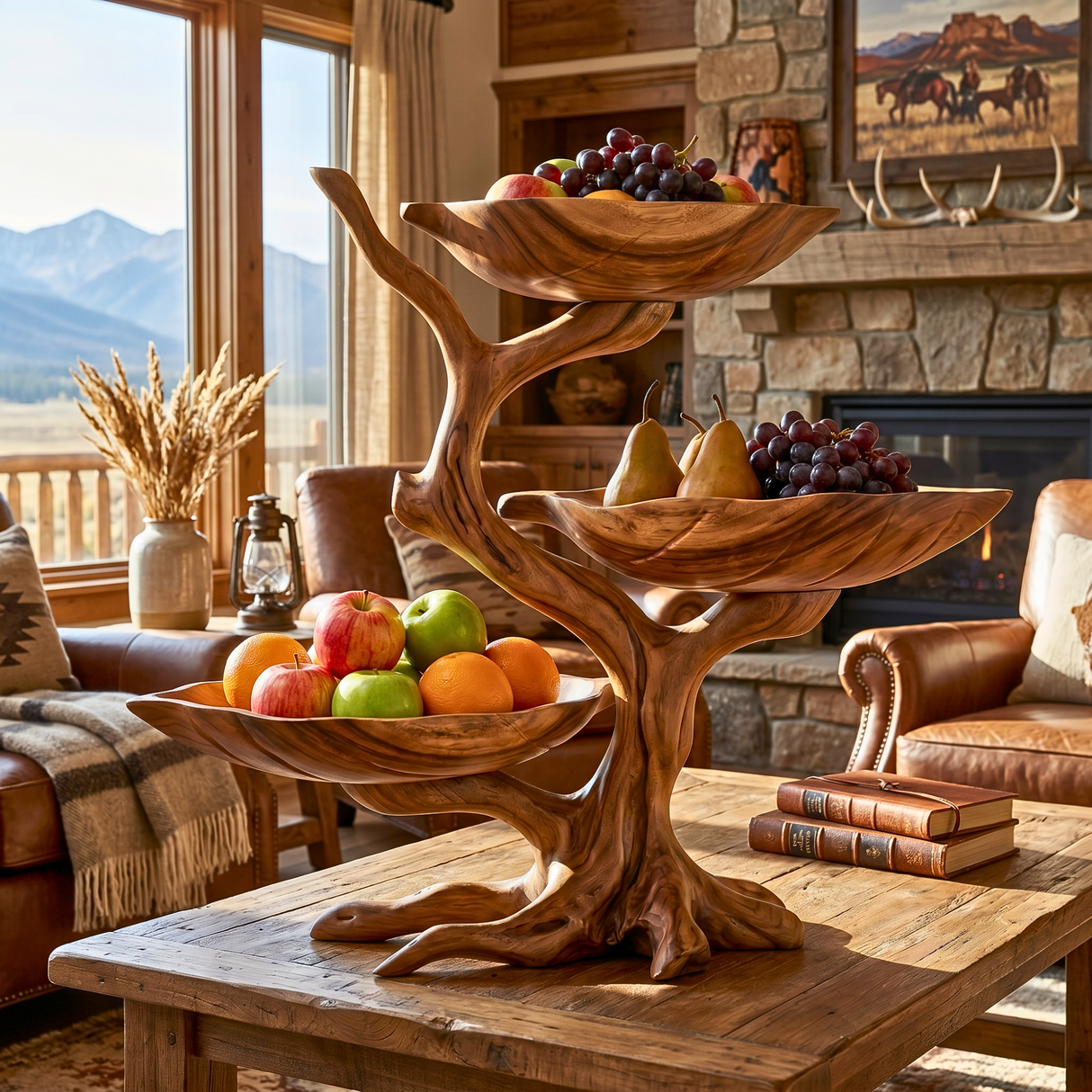 Solid Wood Three-Level Fruit Display Bowl with Organic Branch Pedestal