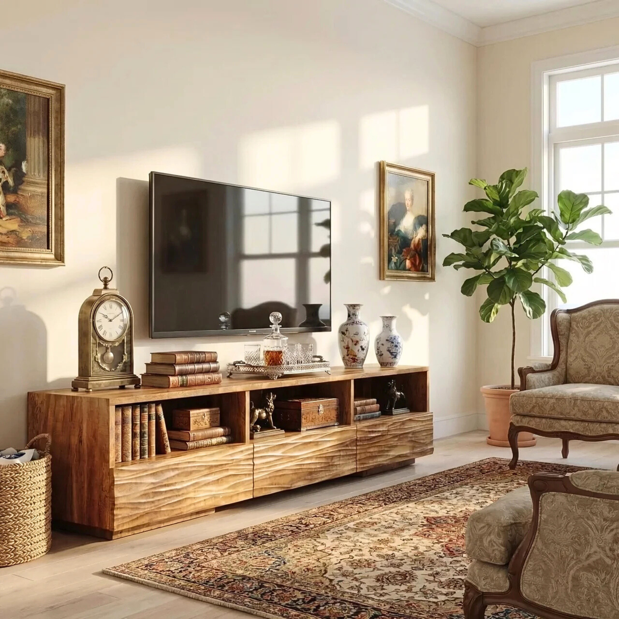 Sculptural Wood TV Cabinet with Carved Wave Front for Coastal Modern Interiors