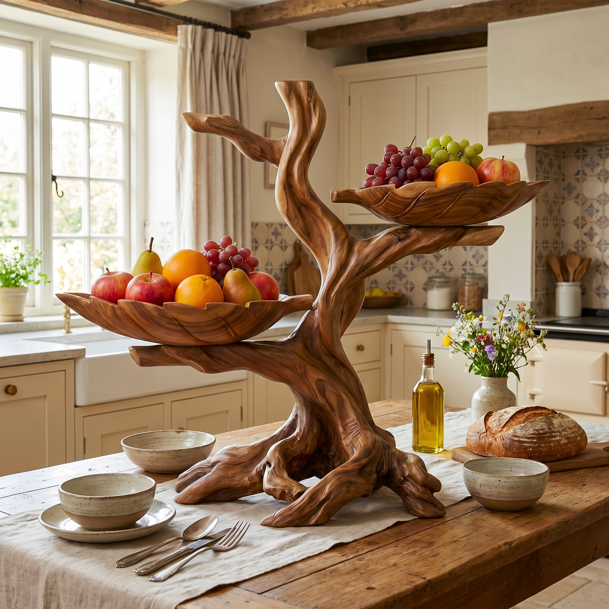 Solid Wood Sculptural Fruit Bowl with Twin Floating Trays and Branch Form Base